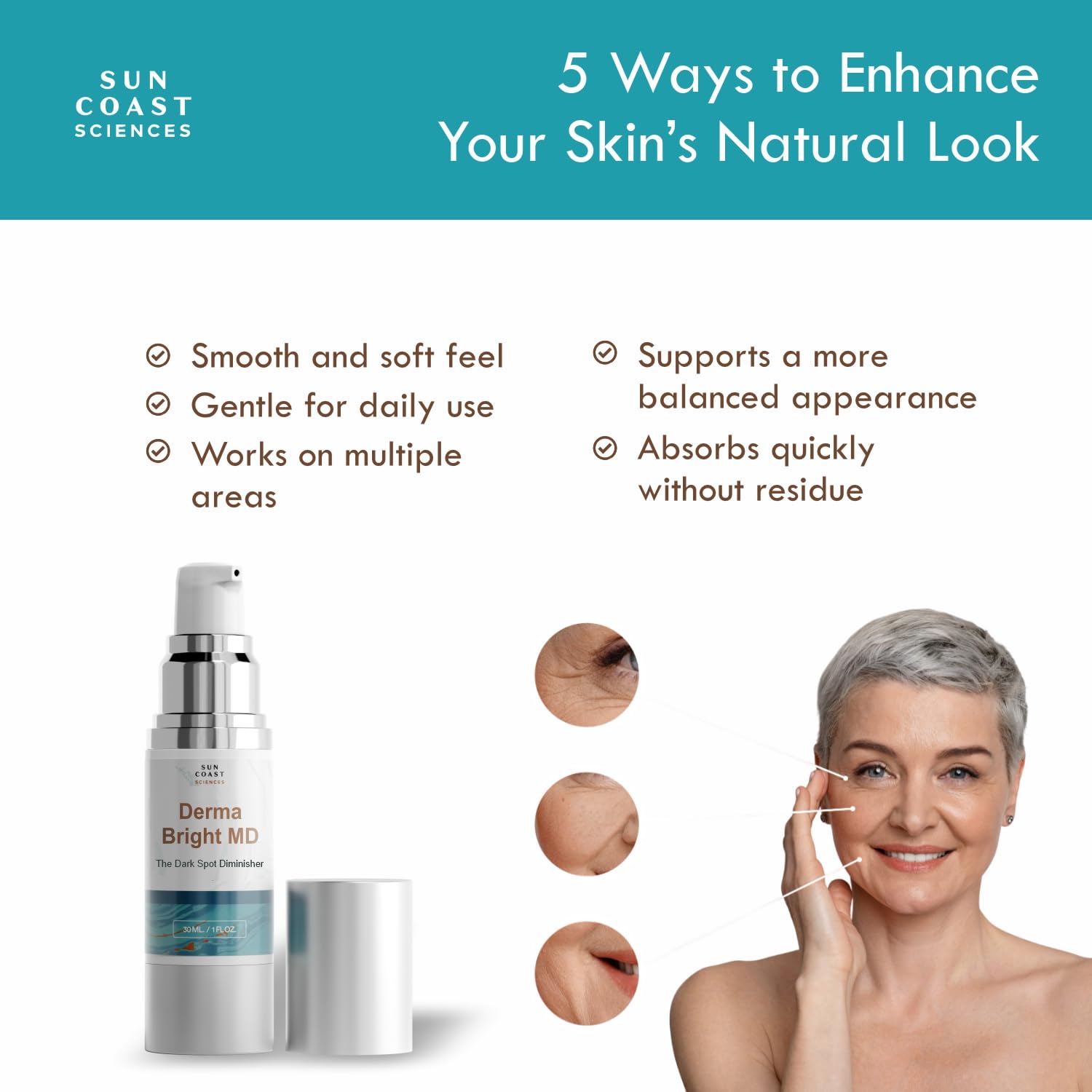 Sun Coast Sciences Derma Bright MD - Dark Spot Diminisher with Vitamin C & Hyaluronic Acid - Brightening Face Serum for Uneven Skin Tone and Age Spots - 1 Fl Oz (Pack of 1)