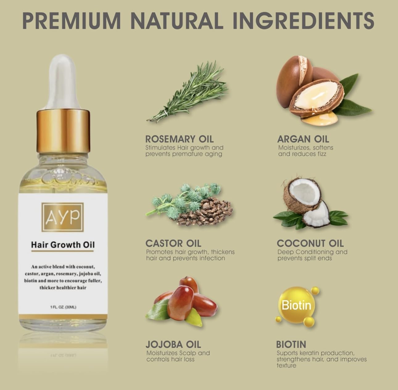 Hair Growth Serum with Organic Oils, Rosemary, Castor, Argan, Avocado, Coconut & Jojoba, Biotin for Thickening & Loss Prevention