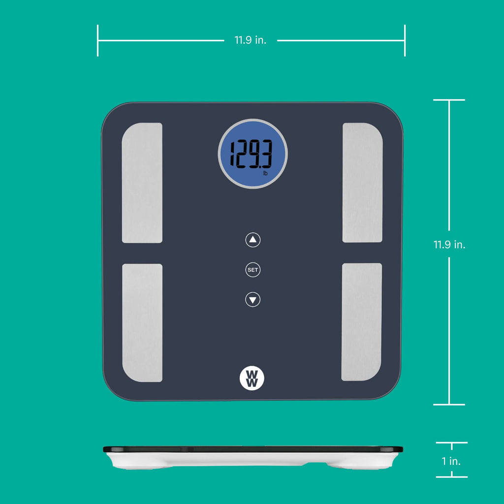 Weight Watchers Scales by Conair BathroomScale for BodyWeight,Glass Digital Scale,Body Analysis Measures Body Fat,Body Water,BMI,Bone Mass&Muscle for 4Users,Measures Weight up to 400Lbs in Black&Blue