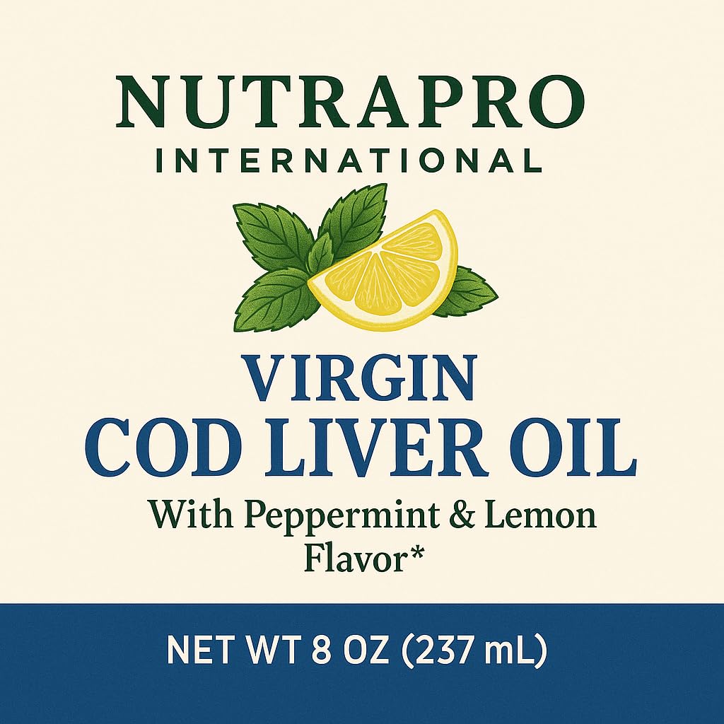 Virgin Cod Liver Oil - 8 Fl oz Natural, Sustainably sourced, Wild Caught & Fresh Tasting. High in Vitamin D, Omega 3 DHA/EPA (Lemon and Peppermint Flavored)