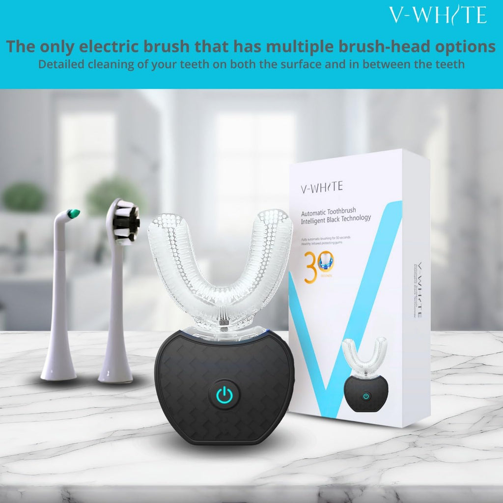V-WHITE Adults Auto Brush Ultrasonic U-Shaped Toothbrush – 360° Teeth Cleaning, Hands-Free Electric Autobrush – Gum Protection, Waterproof IPX7, Wireless Charging