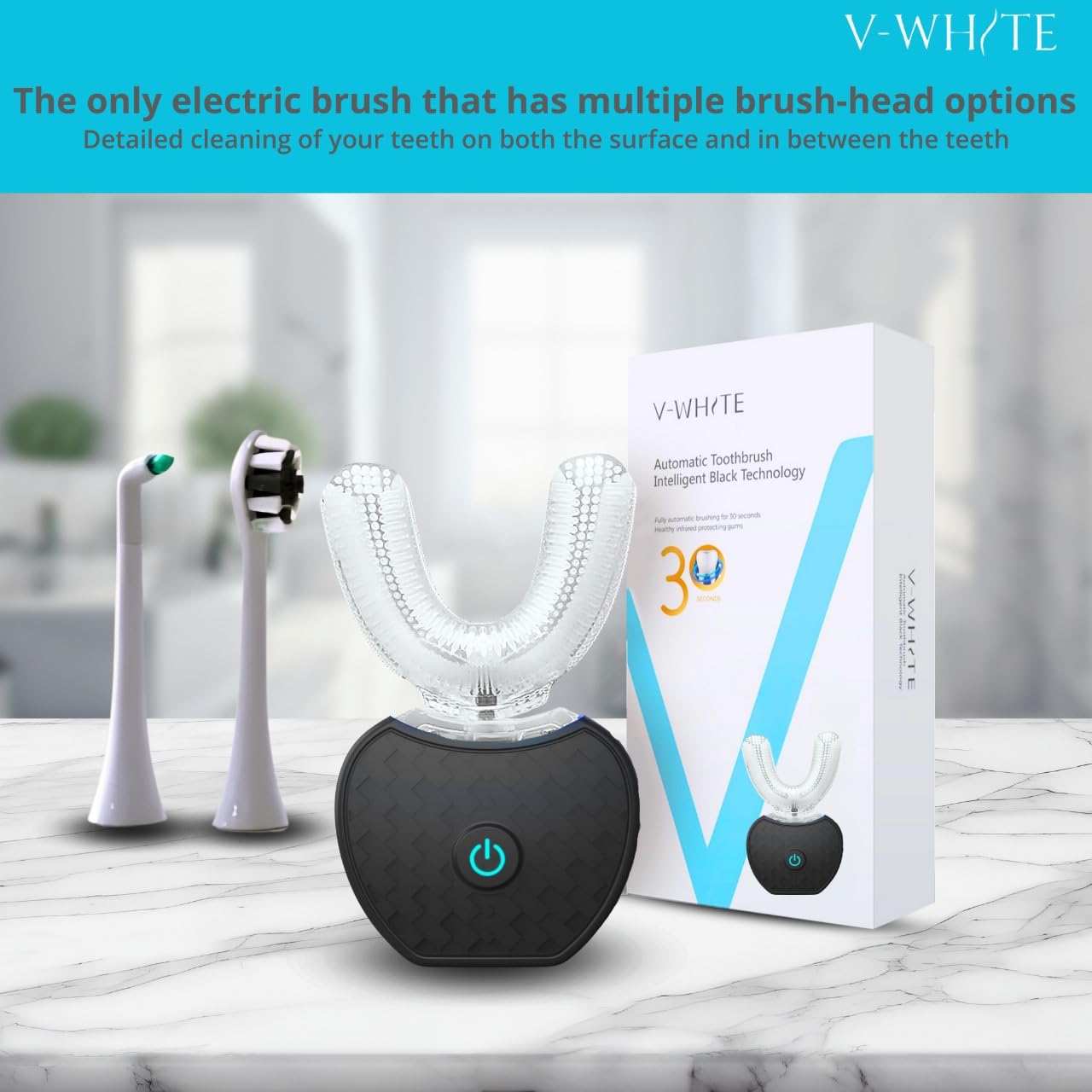 V-WHITE Adults Auto Brush Ultrasonic U-Shaped Toothbrush – 360° Teeth Cleaning, Hands-Free Electric Autobrush – Gum Protection, Waterproof IPX7, Wireless Charging