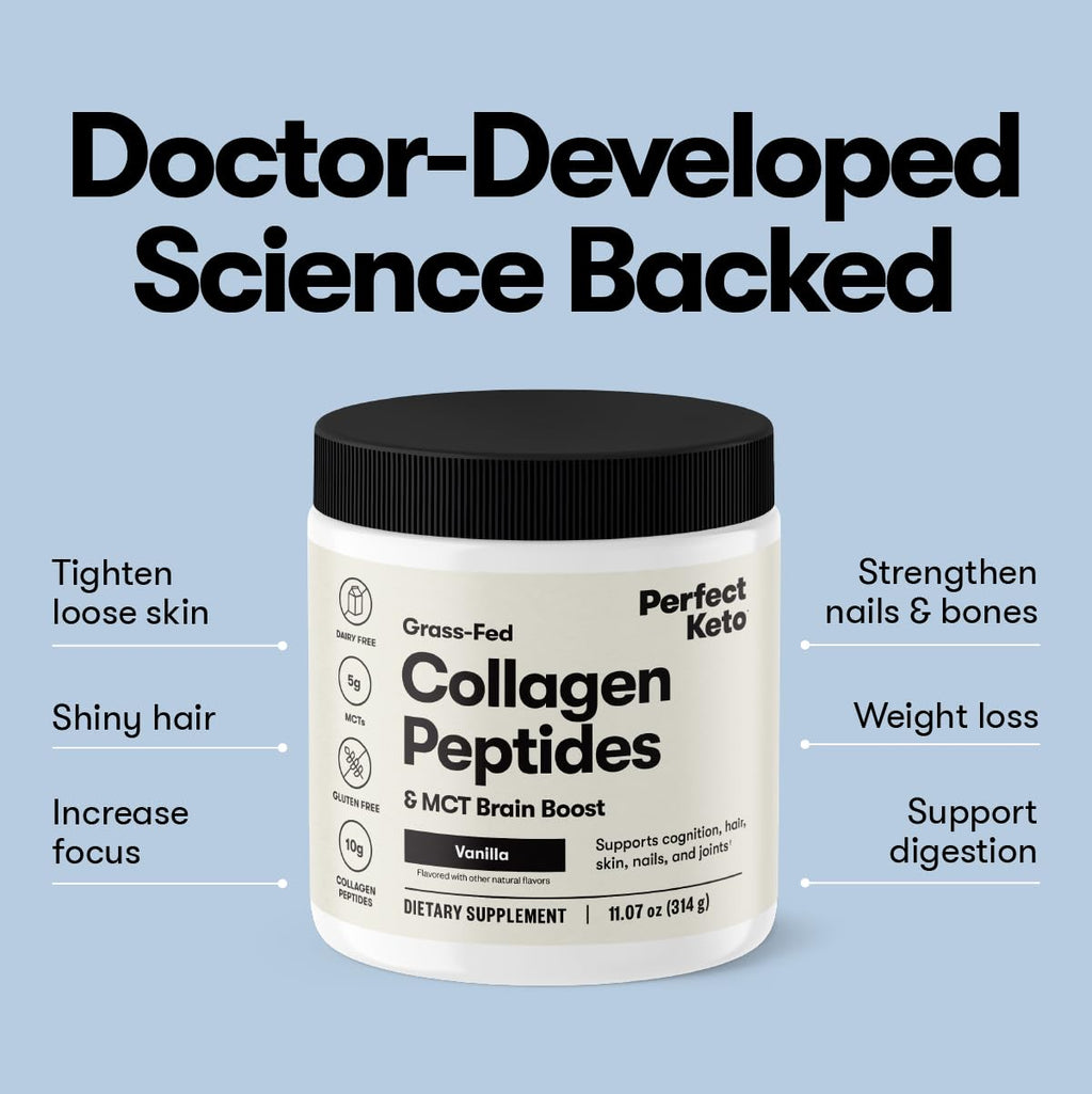 Perfect Keto Collagen Peptides, Chocolate, 10g Protein Powder, Low Carb, No Sugar Added, Keto Friendly Coffee Creamer & Drink Mix, Grass Fed Bovine Type 1 & 3 Supplement with MCT Oil, 20 Servings