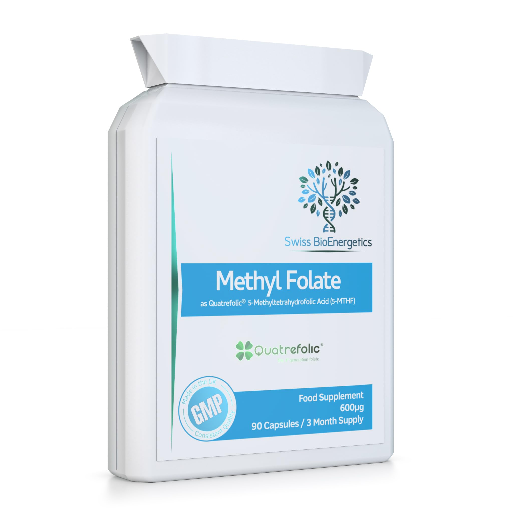 Methyl Folate 600µg - 90 Capsules as Quatrefolic 5-MTHF Supplement 6S-5-methyltetrahydrofolate – the 4th Generation of Folate a Highly biologically Active Form of Folic Acid/Vitamin B9 - UK Made