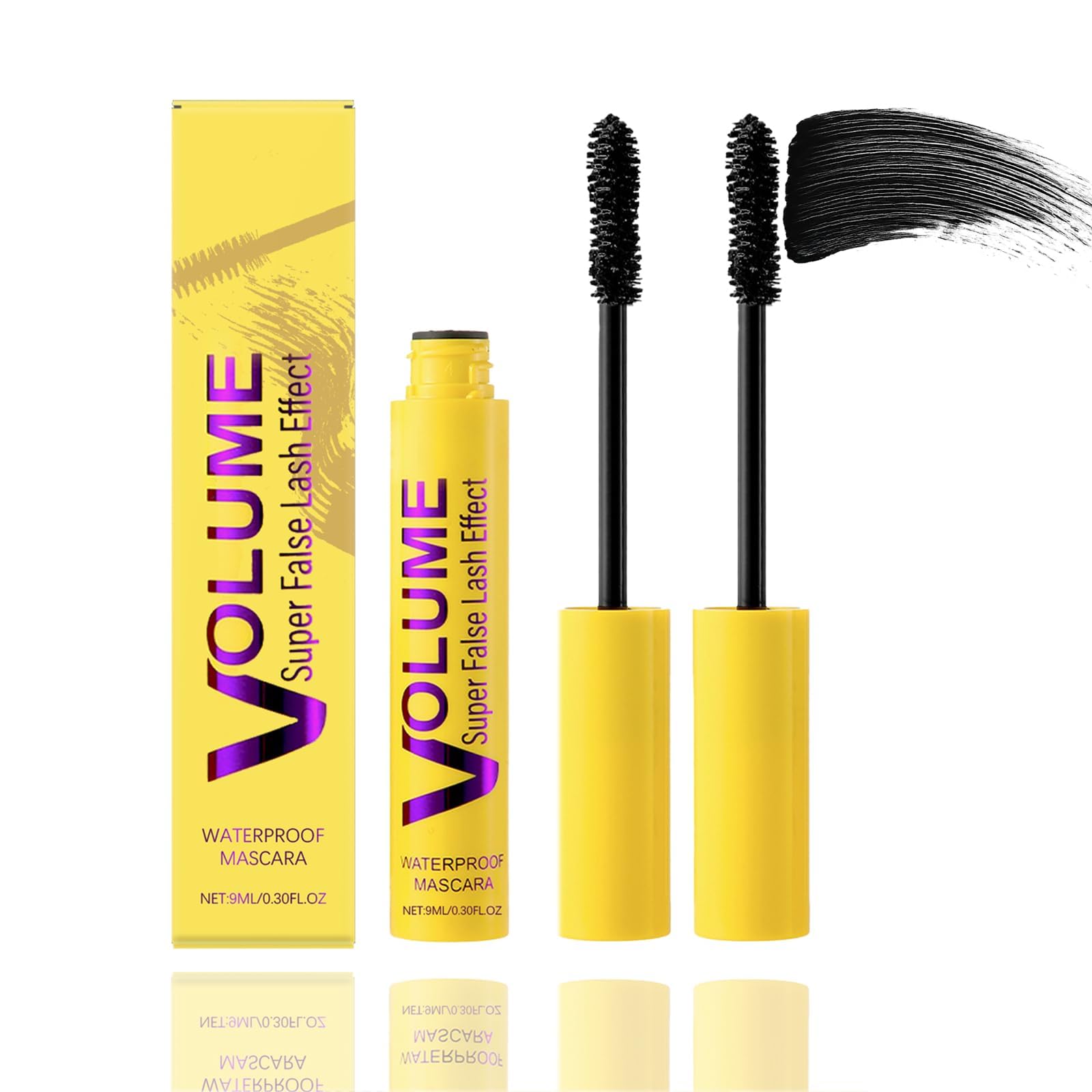 VOLUME Super False Lash Effect Waterproof Mascara - Jet-Black Volumising Lengthening Formula With Spiral Brush In Vibrant Yellow Tube For Clump-Free Smudge-Proof Daily Wear