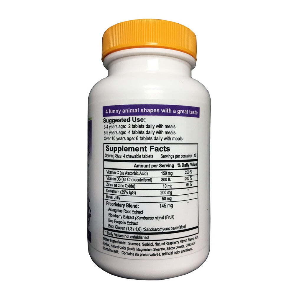 Nutripia Kidmune Kids Immune Support Supplement - 180 Chewable Mini Tablets with Elderberry, Colostrum, Propolis, Beta Glucan, Astragalus, Vitamin C, D, Zinc - Fun 4 Animal Shapes!