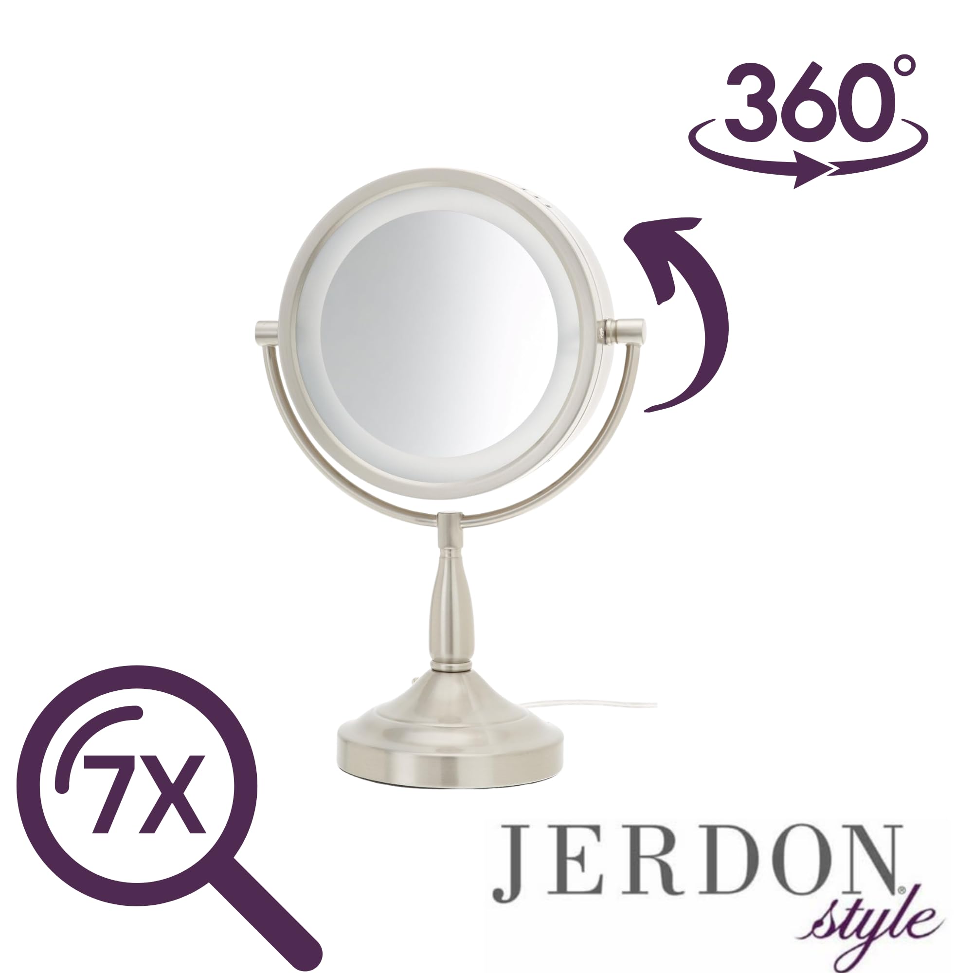 JERDON LED Lighted Tabletop Vanity Makeup Mirror – 8.5” Diameter with 7X-1X Magnification – Nickel Finish – Power Cord and Plug – Model LT856N