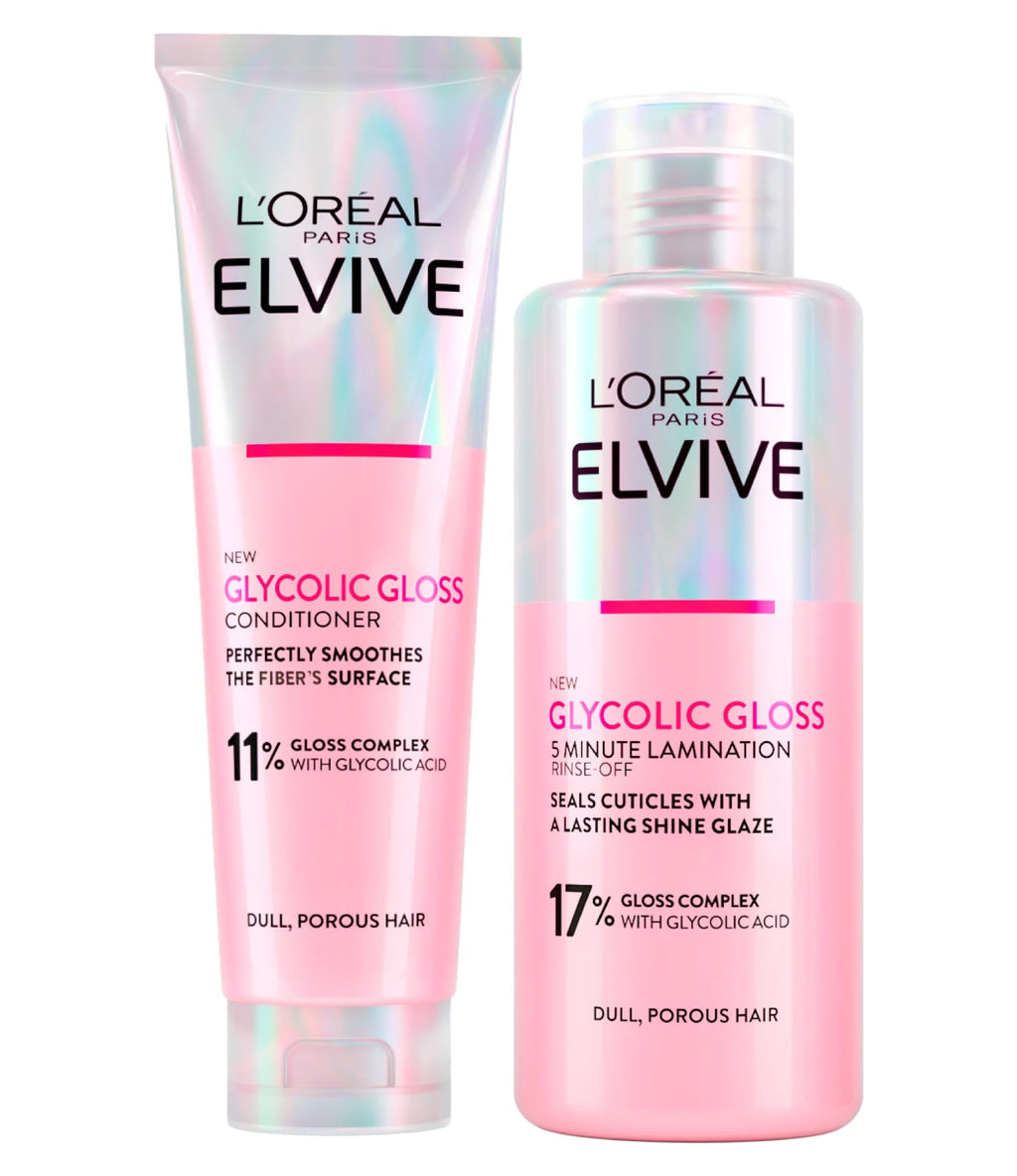 L'Oréal Paris Elvive Glycolic Gloss Glycolic Acid Hair Set with Conditioner 150ml + 5 Minute Lamination Treatment for Dull and Porous Hair 200ml - 2 Bottles