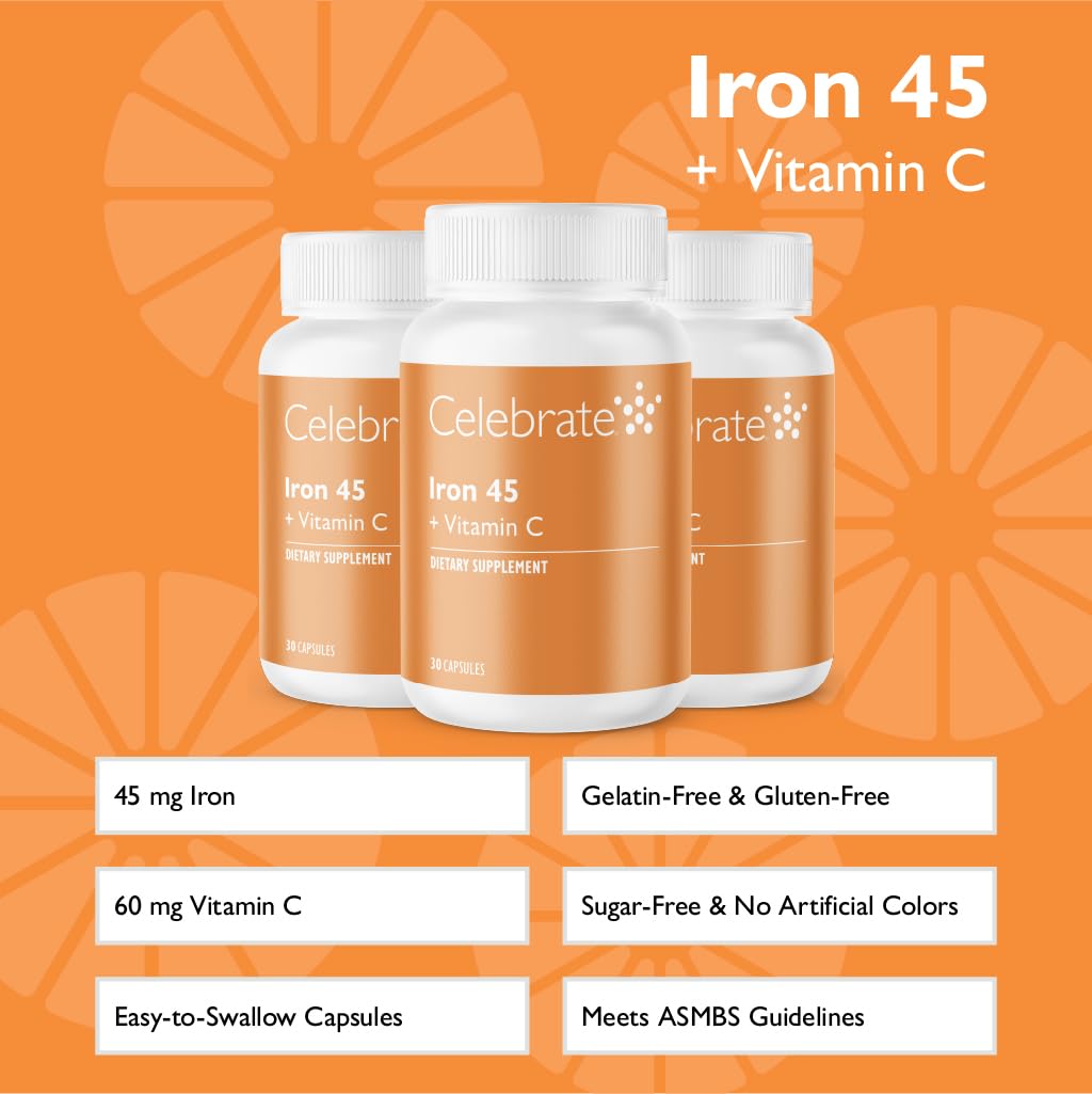 Celebrate Vitamins Iron Supplement with Vitamin C - 45mg Iron, 60mg Vitamin C, Bariatric Vitamins for WLS Patients, Vertical Sleeve & Gastric Bypass Surgery (90 Capsules)