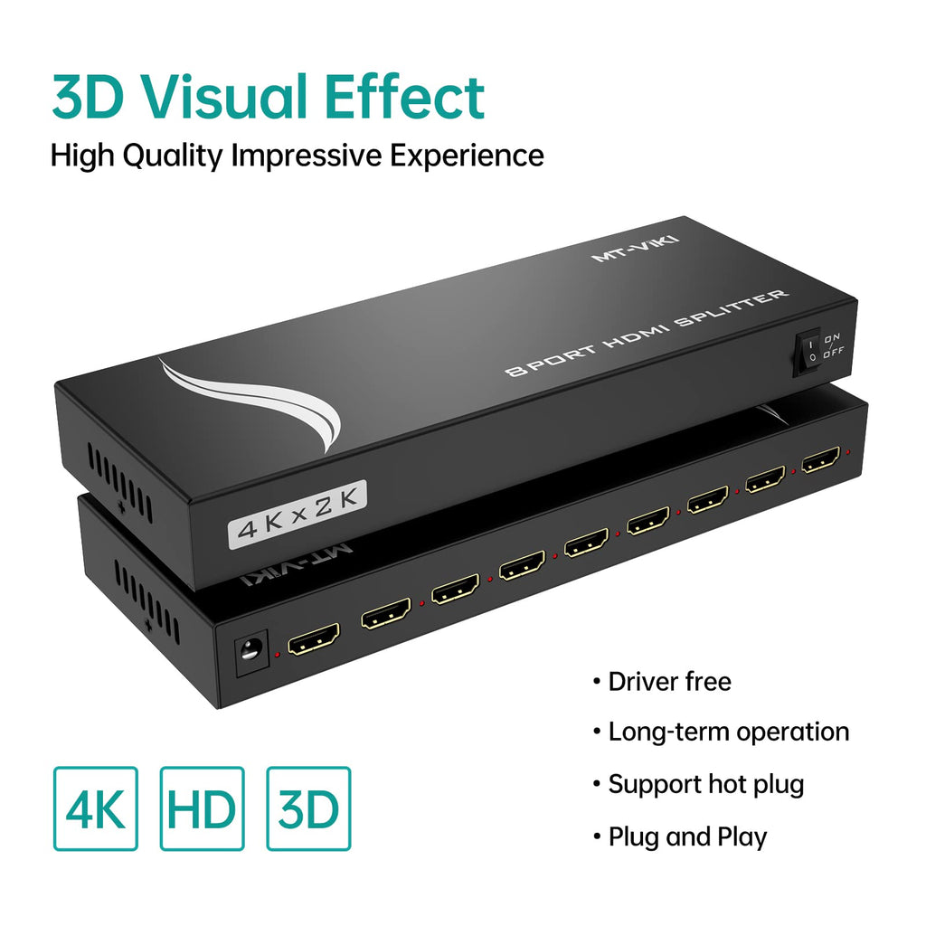 4K HDMI Splitter 1 in 8 out, 1 to 8 Distributor MT-VIKI 8 Way 1x8 For 8 Monitor HDTV CCTV 3D Supports EDID HDCP +UK Power Supply