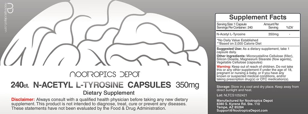 Nootropics Depot N-Acetyl L-Tyrosine Capsules | 350mg | 240 Count | NALT | Amino Acid Supplement | Natural Supplement | Supports Memory, Learning, Focus, Healthy Stress Levels