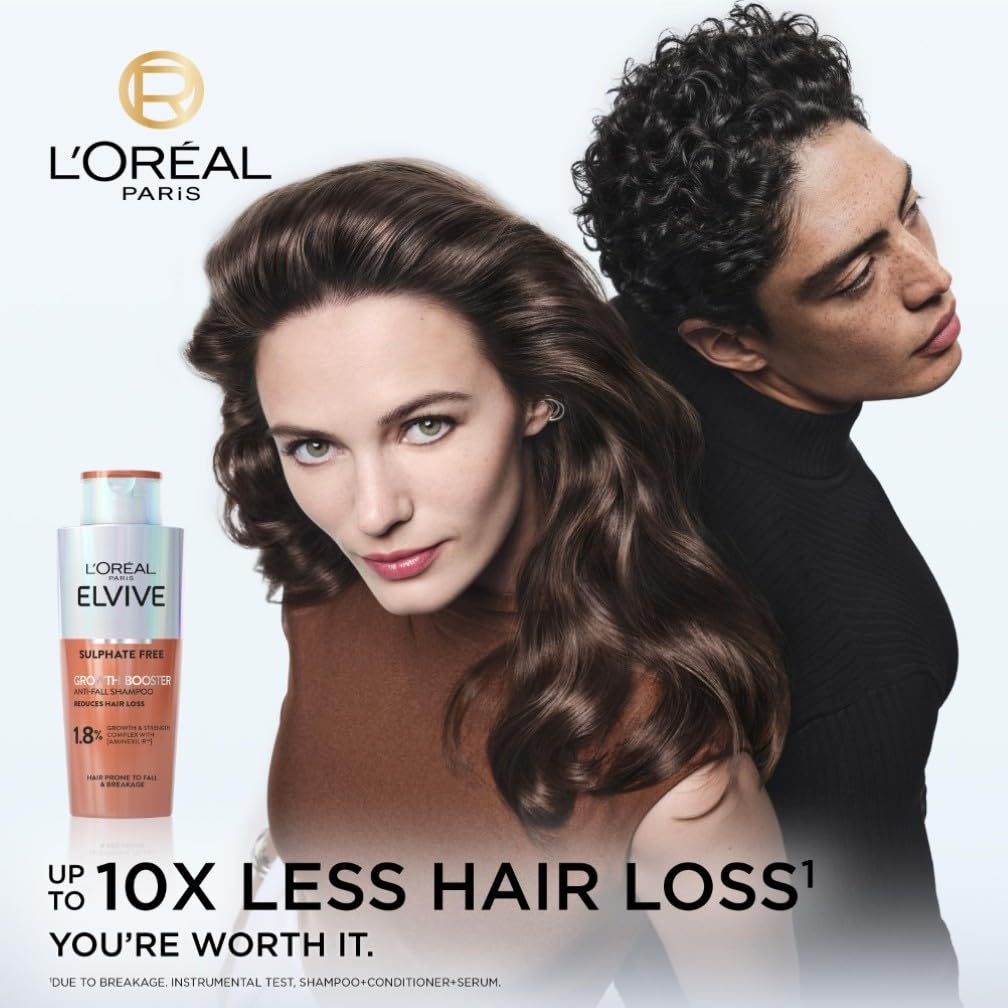 L'Oreal Paris Shampoo For Hair Growth And Anti Hair Loss, Elvive Growth Booster With Aminexil And Niacinamide, Prevents Hair Thinning and Reduces Loss In 12 Weeks For Visibly Fuller Hair, 200ml