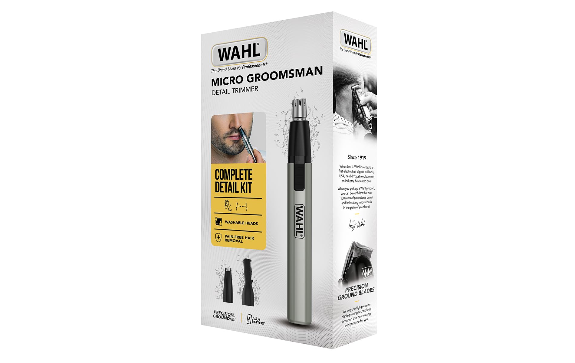 Wahl Micro Groomsman, 3 in 1, Ear Trimmer, Nose & Facial Hair Trimmer, Rotating Nose/Ear Trimmer, Battery Powered, Washable Heads, Long Lasting Washable Heads