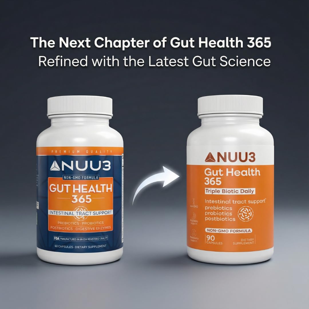 NUU3 Gut Health 365 - Digestive Enzymes & Probiotic Supplement for Women & Men - Bloating & Digestion Relief - Supports Gut Microbiome & Healthy Immune Function - 90 Capsules