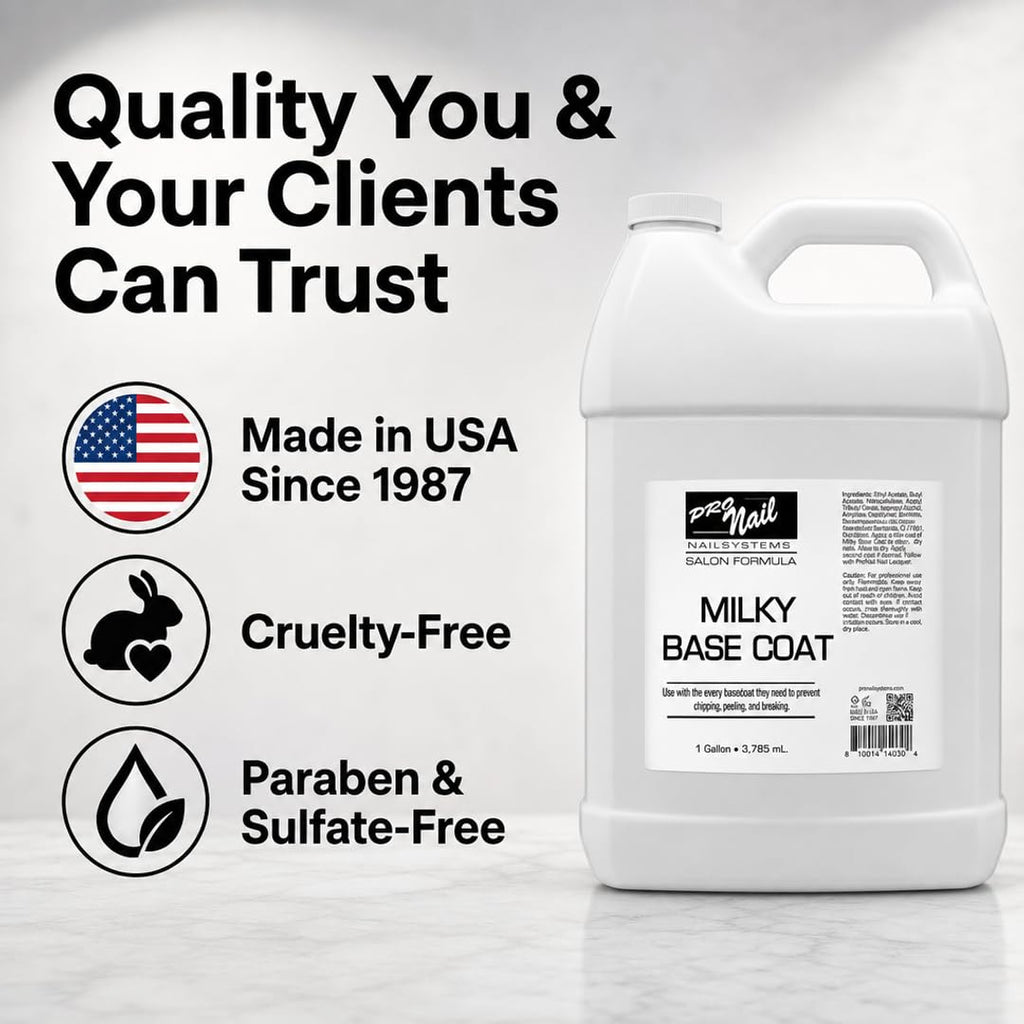 PRONAIL Nail Polish Base Coat – Non-UV Fast-Dry Formula for Long-Lasting Manicures | Protects Against Staining, Ridges & Chipping | Cruelty-Free, Paraben-Free | Made in USA | 128 oz Gallon