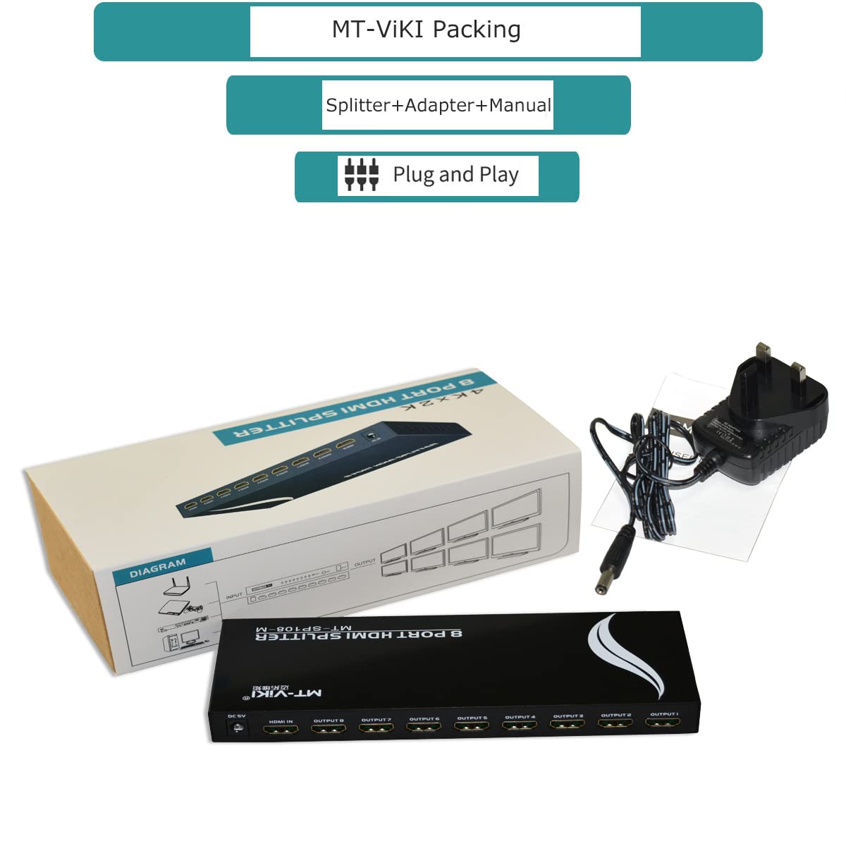 4K HDMI Splitter 1 in 8 out, 1 to 8 Distributor MT-VIKI 8 Way 1x8 For 8 Monitor HDTV CCTV 3D Supports EDID HDCP +UK Power Supply
