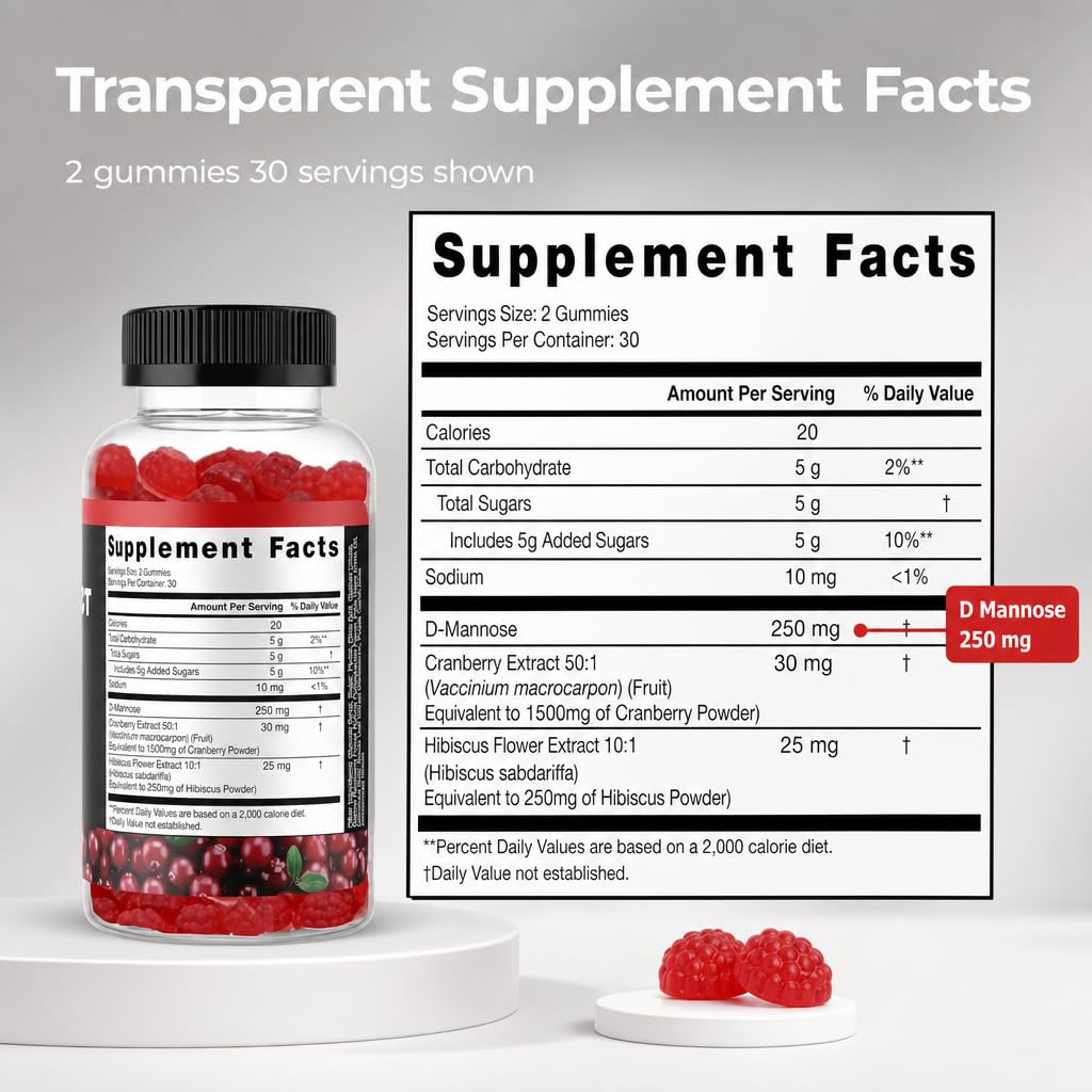 Cranberry Gummies with D-Mannose, Urinary Flush w Hibiscus Powder, 60 Count