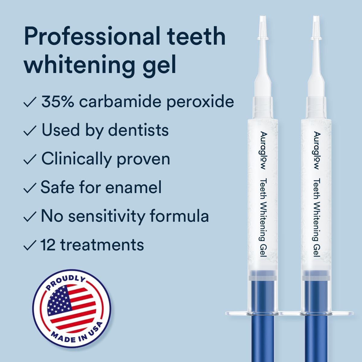 Auraglow Plug-in LED Teeth Whitening Kit – Wired Light Device – 35% Carbamide Peroxide Gel – 12 Treatments – at-Home Tooth Whitening System – Enamel-Safe at-Home Whitening for Coffee & Tea Stains