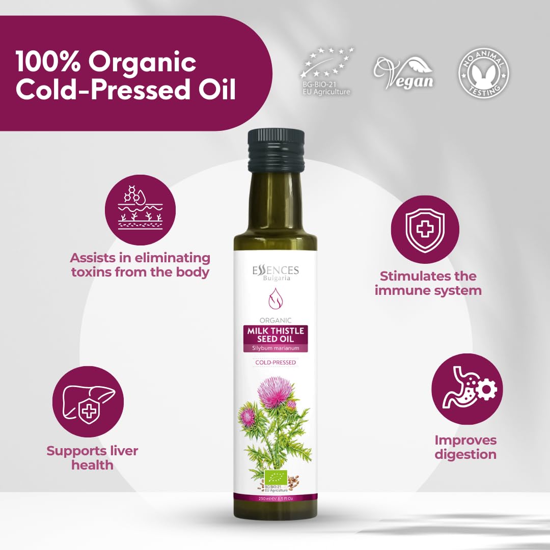 Essences Bulgaria Organic Milk Thistle Oil 8.5 Fl Oz | 250ml | 100% Natural Cold-Pressed Oil | Extra Premium Quality | No Additives or Preservatives | Non-GMO | Vegan