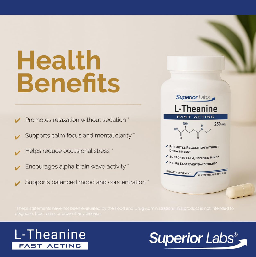 Superior Labs L-Theanine 250 mg Capsules, Non-GMO, Promotes Non Drowsy Relaxation & Helps Ease Everyday Stress, Supports Healthy Sleep, Promotes a Focused Mind, High Absorption, 90 Veg Caps