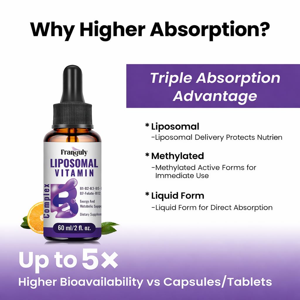 Liposomal Vitamin B Complex Liquid Sublingual B Complex Vitamins Supplement for Women Men Improved Absorption Methylated B12,B1, B2, B3, B5, B6,Folate,Biotin for Energy And Immune Support-4.0 oz