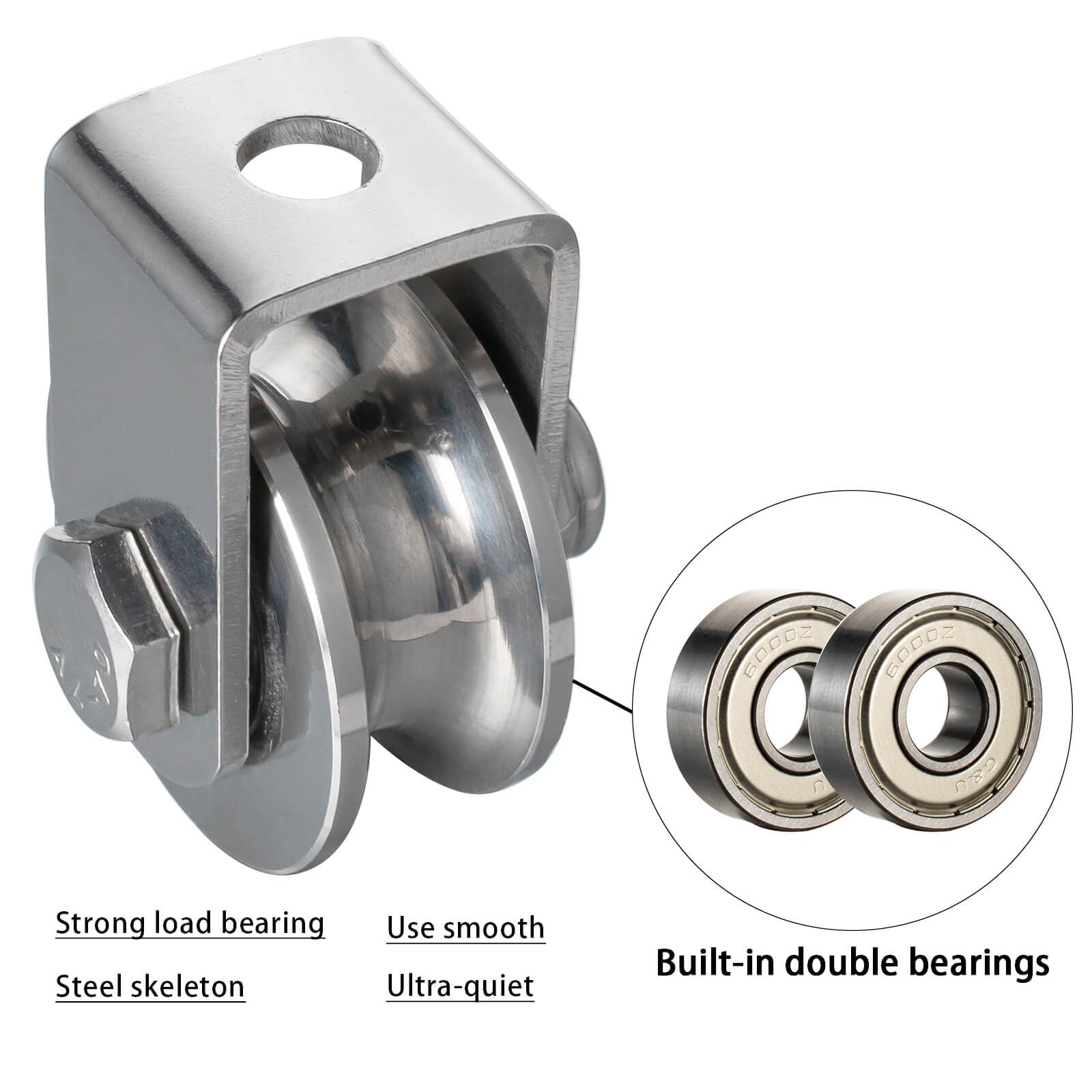 SHINICO Cable Pulley Wheel Heavy Duty Wall Mount, Duplex Bearings, Stainless Steel Rope Pulley for Pulley System, Sliding Gate, 1 Pack