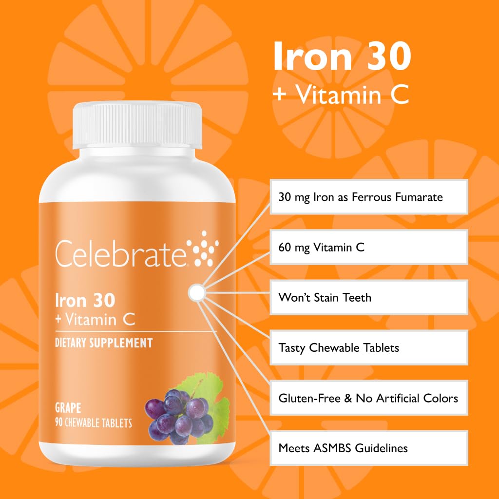 Celebrate Vitamins Iron Supplement with Vitamin C - 30mg Iron, 60mg Vitamin C, Bariatric Vitamins for WLS Patients, Vertical Sleeve & Gastric Bypass Surgery – Grape, 90 Chewable Tablets