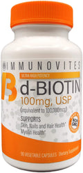 IMMUNOVITES High Dose Biotin (as d-Biotin, USP) 100mg (Equivalent to 100,000mcg) 90 Capsules, High Potency
