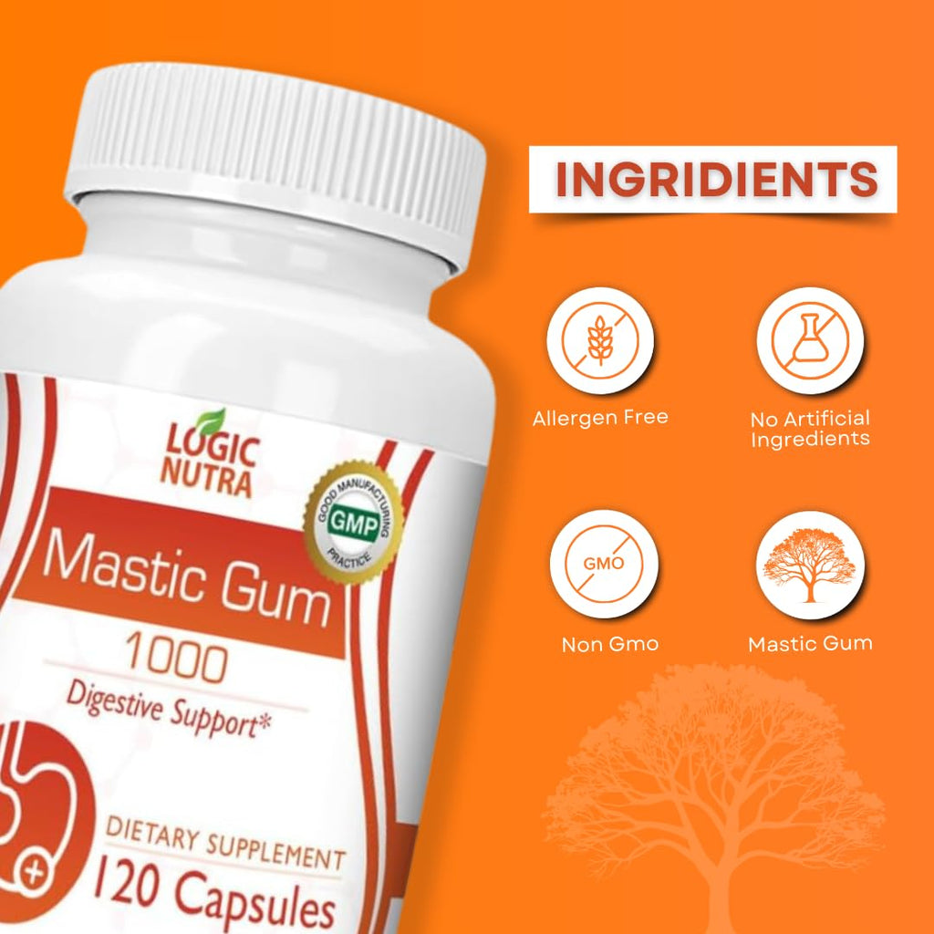 Logic Nutra Mastic Gum Capsules - Natural Gastrointestinal Support Supplement, 1000mg Per Serving - 120 Capsules (2 Bottles)