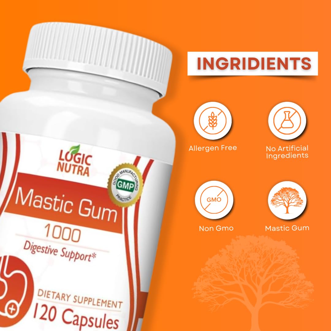 Logic Nutra Mastic Gum Capsules - Natural Gastrointestinal Support Supplement, 1000mg Per Serving - 120 Capsules (2 Bottles)