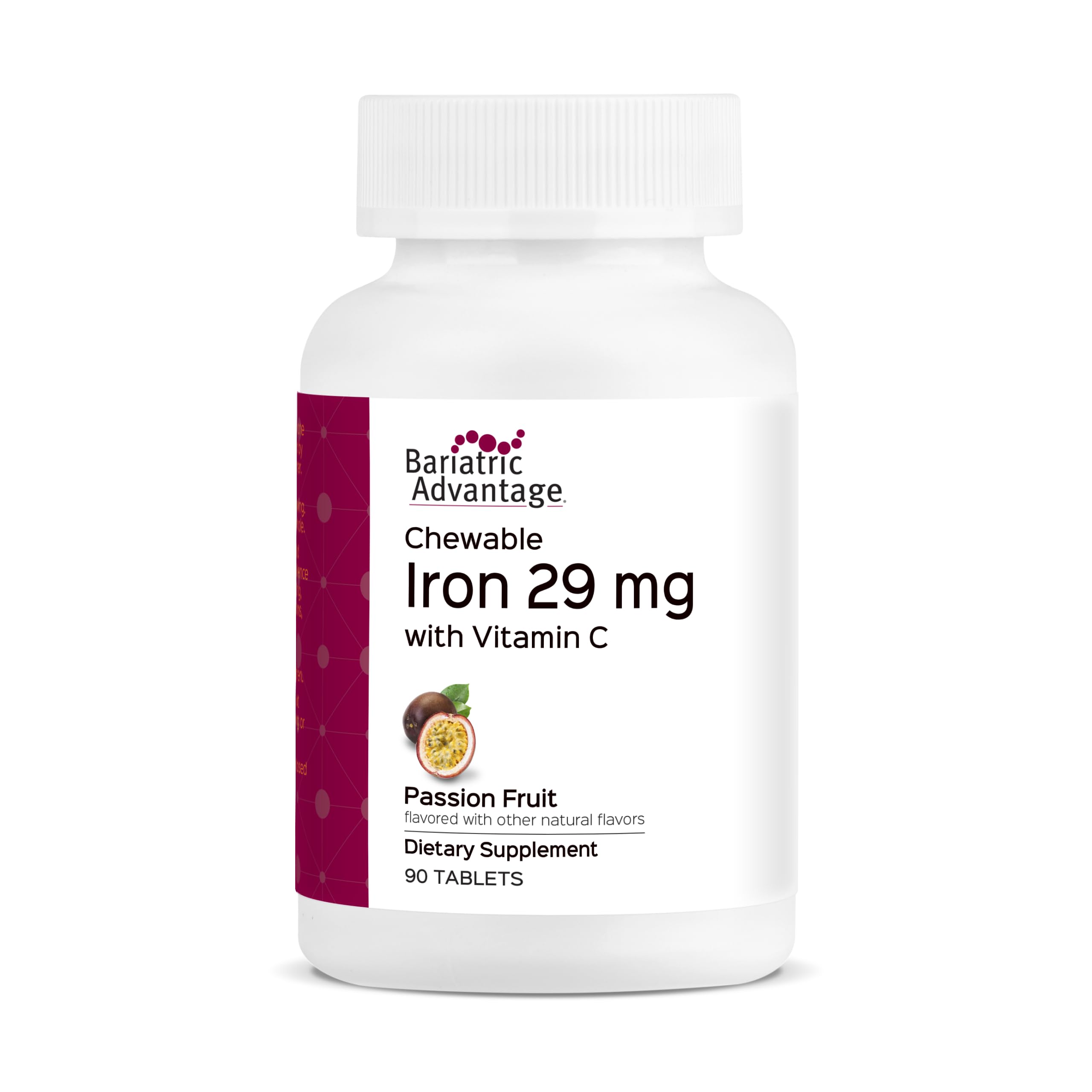 Bariatric Advantage Chewable Iron 29 mg - for Bariatric Surgery Patients - Iron with Vitamin C - No Iron Taste - Ferrous Fumarate & Carbonyl Iron Supplement - Passion Fruit - 90 Count