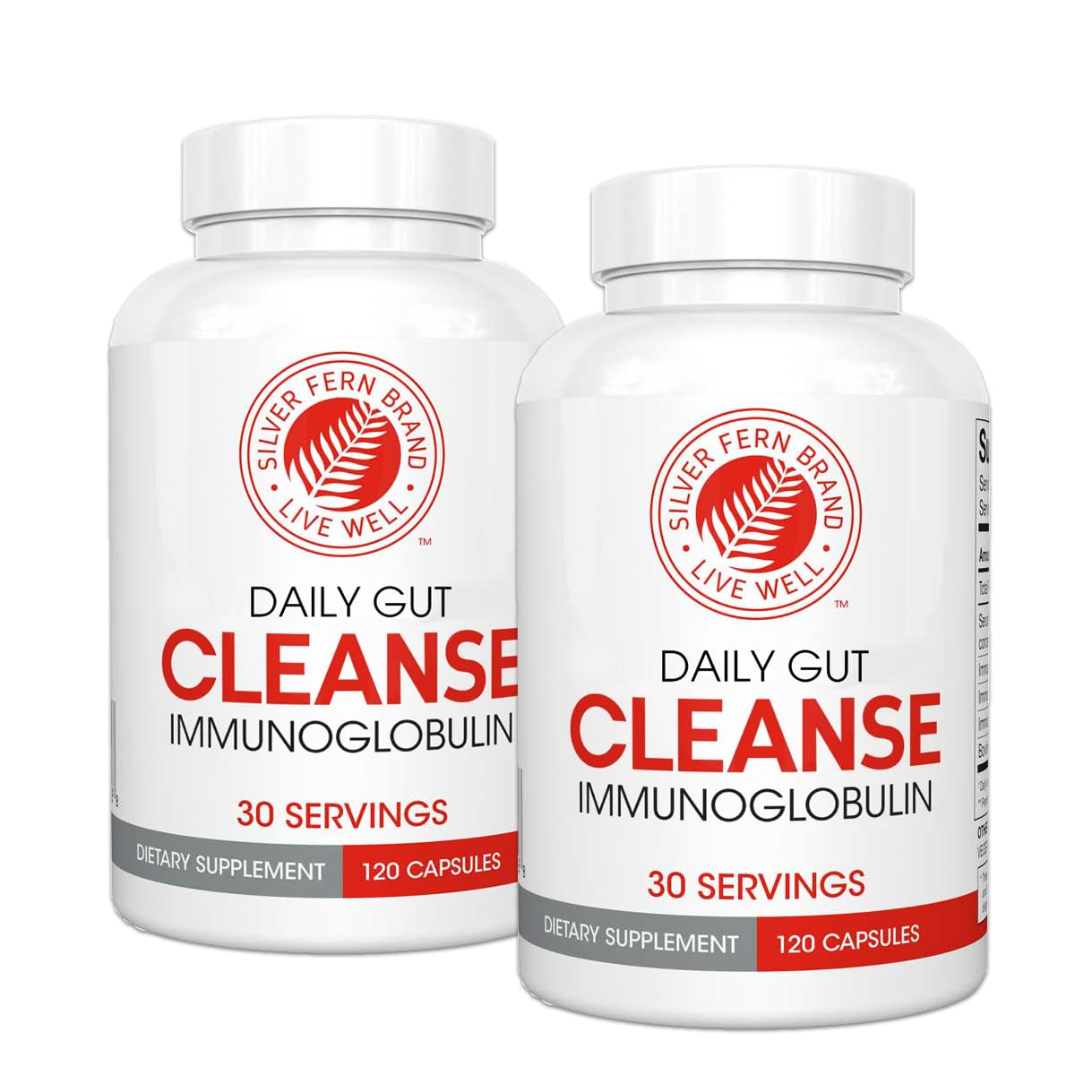 Silver Fern Cleanse - Daily Gut - 2 Bottle - 240 Capsules - 60 Day Supply - Immunoglobulin G, A & M -(IgG, IGA, IgM) - Digestive System & Immune System Support - Postbiotic