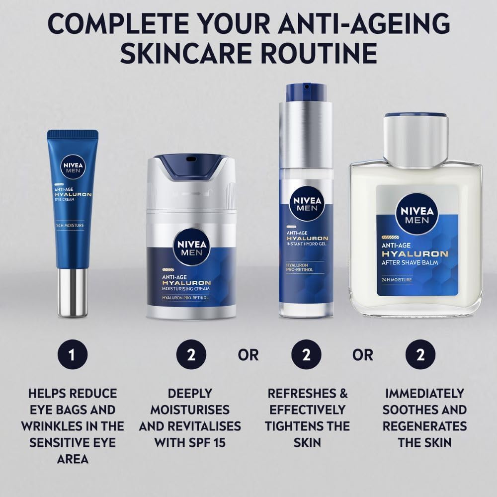 NIVEA MEN Anti-Age Hyaluron SPF15 Moisturising Face Cream (50ml), Anti Wrinkle Face Cream with Hyaluronic Acid and Pro-Retinol, Men's Moisturiser Visibly Reduces Deep Wrinkles and Firms Skin