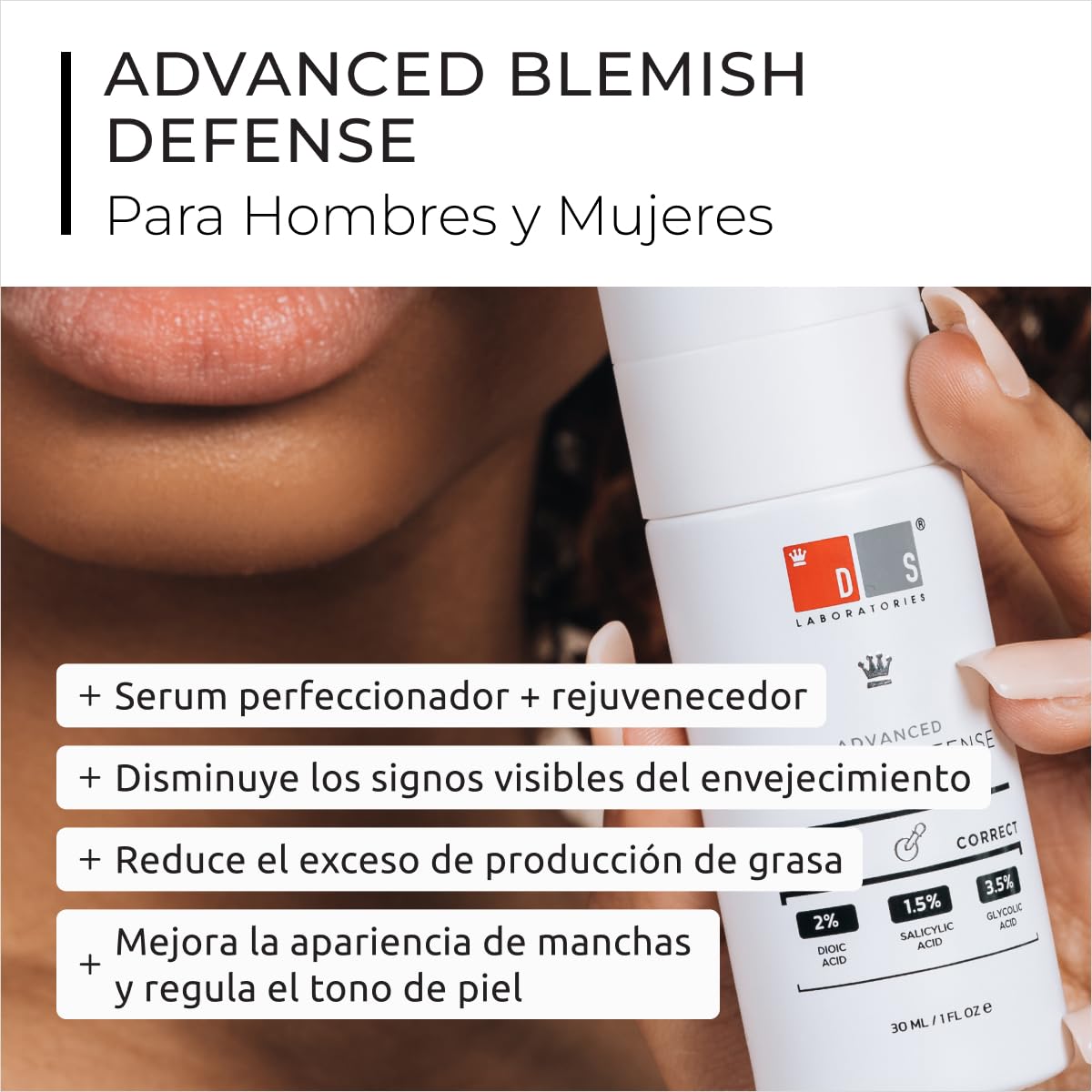 DS Labs Blemish Defense Serum, 30mL - Clarifying Serum for Blemish Prone, Aging Skin, With Salicylic Acid, AHA Blend, Oil Free, Vegan, Fragrance Free