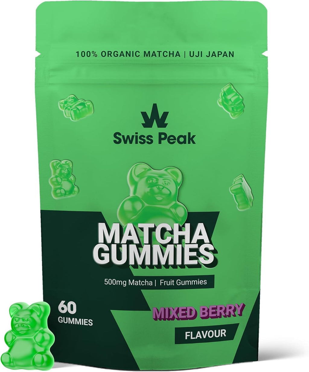 Swiss Peak Matcha Gummies, Organic Japanese Matcha from Uji, Kyoto, Clean Energy, Focus, and Antioxidant Cranberry Extract, Vegan Mixed Berry, 60 Gummies, Ceremonial, UK Made, Gelatin-Free