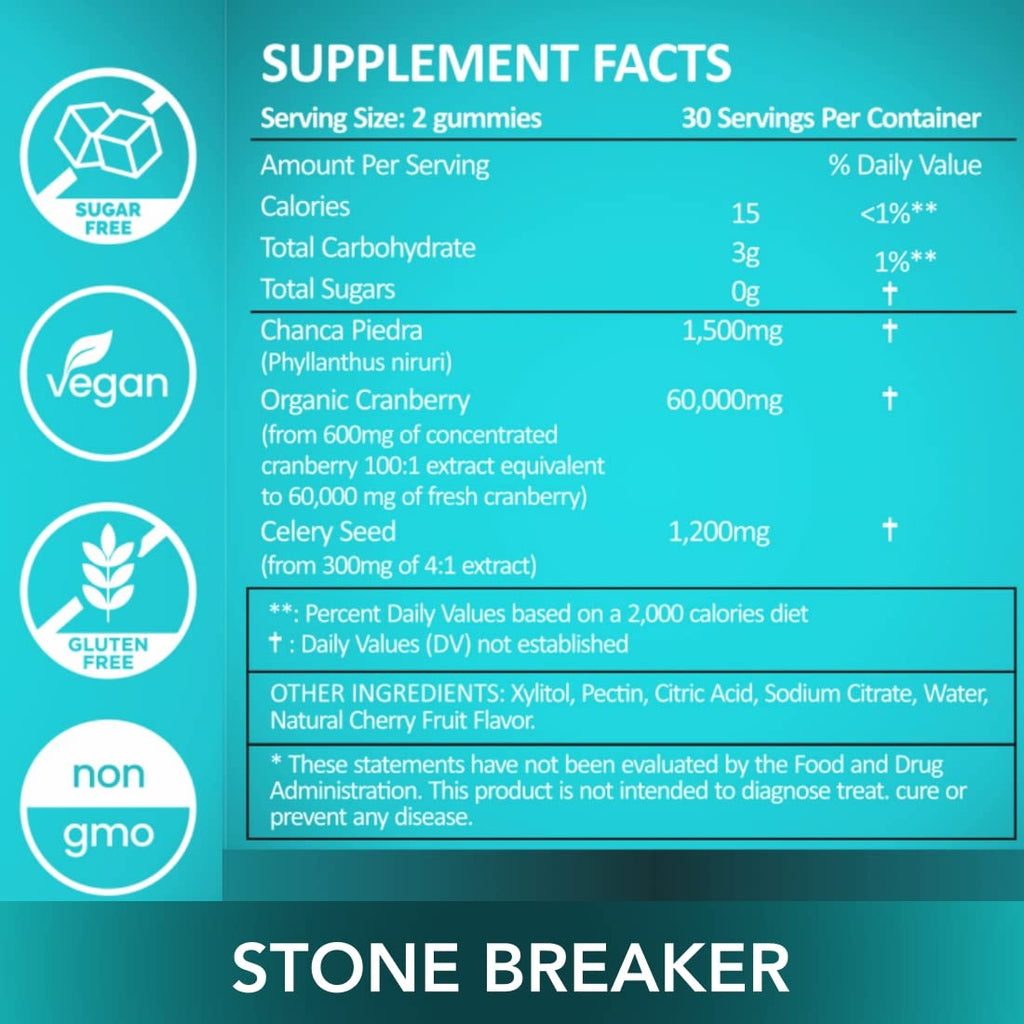 Holistic MD Stone Breaker Chanca Piedra 1,500mg Gummies Kidney Stones Cleanse Gallbladder Formula | Plus Cranberry Extract Might Help Urinary Tract Flush Impurities | Fast Absorption Sugar Free 60ct