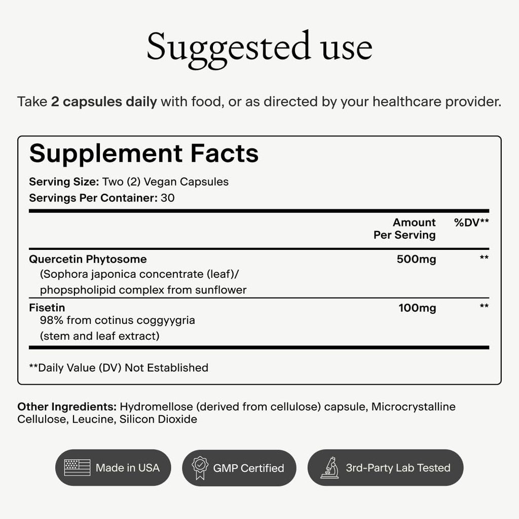 OMRE Quercetin and Fisetin Supplements - Third-Party Tested Senolytic Supplements for Aging Support - 500mg Quercetin Phytosome and 100mg Fisetin - Highly Bioavailable Forms