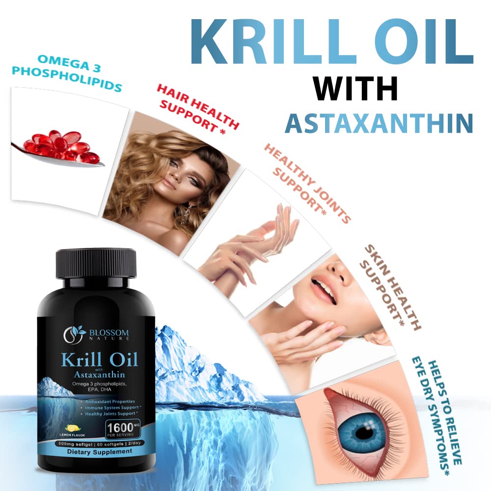 Antarctic Krill Oil Softgels–1600mg per Serving with 2mg Astaxanthin, High Omega‑3 (174mg EPA & 120mg DHA) in Phospholipid Form–Supports Joint, Heart, Skin & Brain Health–60 Lemon-Flavored Softgels