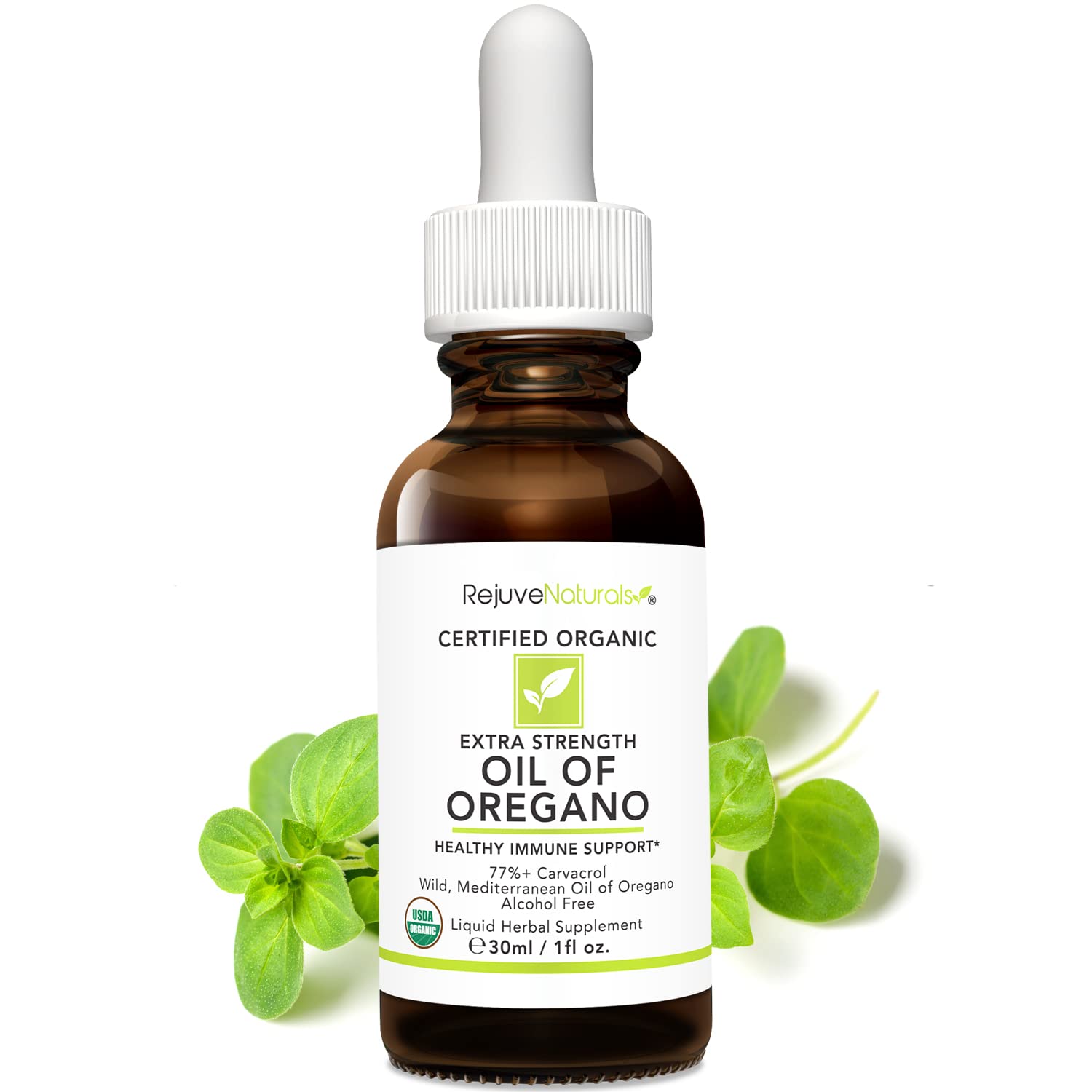 RejuveNaturals Extra Strength Oil of Oregano, USDA Organic, 1 fl oz (30ml Liquid) Wild, Mediterranean Oregano Oil. Concentrated Immune Support Drops. Gluten Free, Vegan & Non-GMO. Min 77% Carvacrol