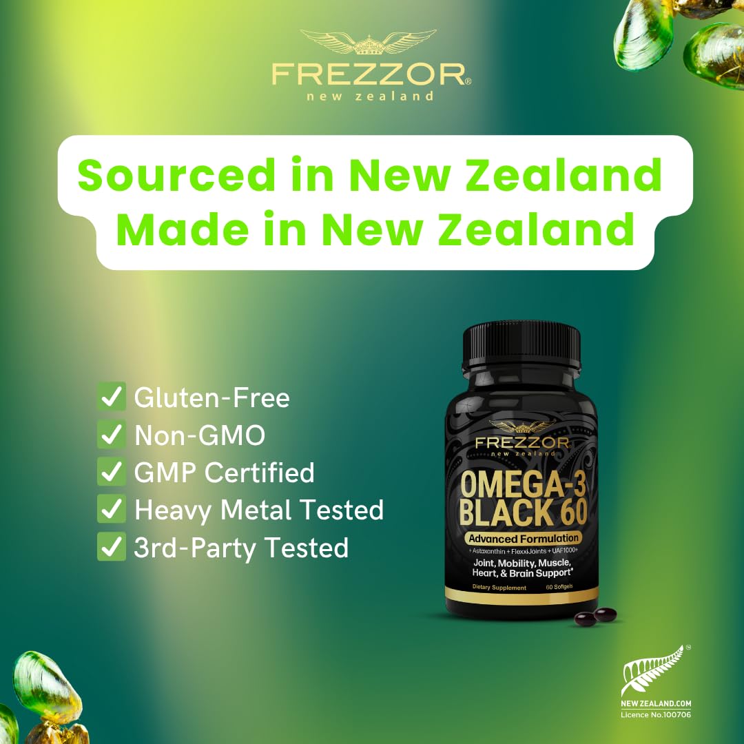 FREZZOR Omega 3 Black for Joint Care & Comfort - New Zealand Green Lipped Mussel Oil Capsules; 53x Higher Potency with UAF1000+ Super Antioxidant, No Fishy Aftertaste, 1-Pack, 60 Softgels