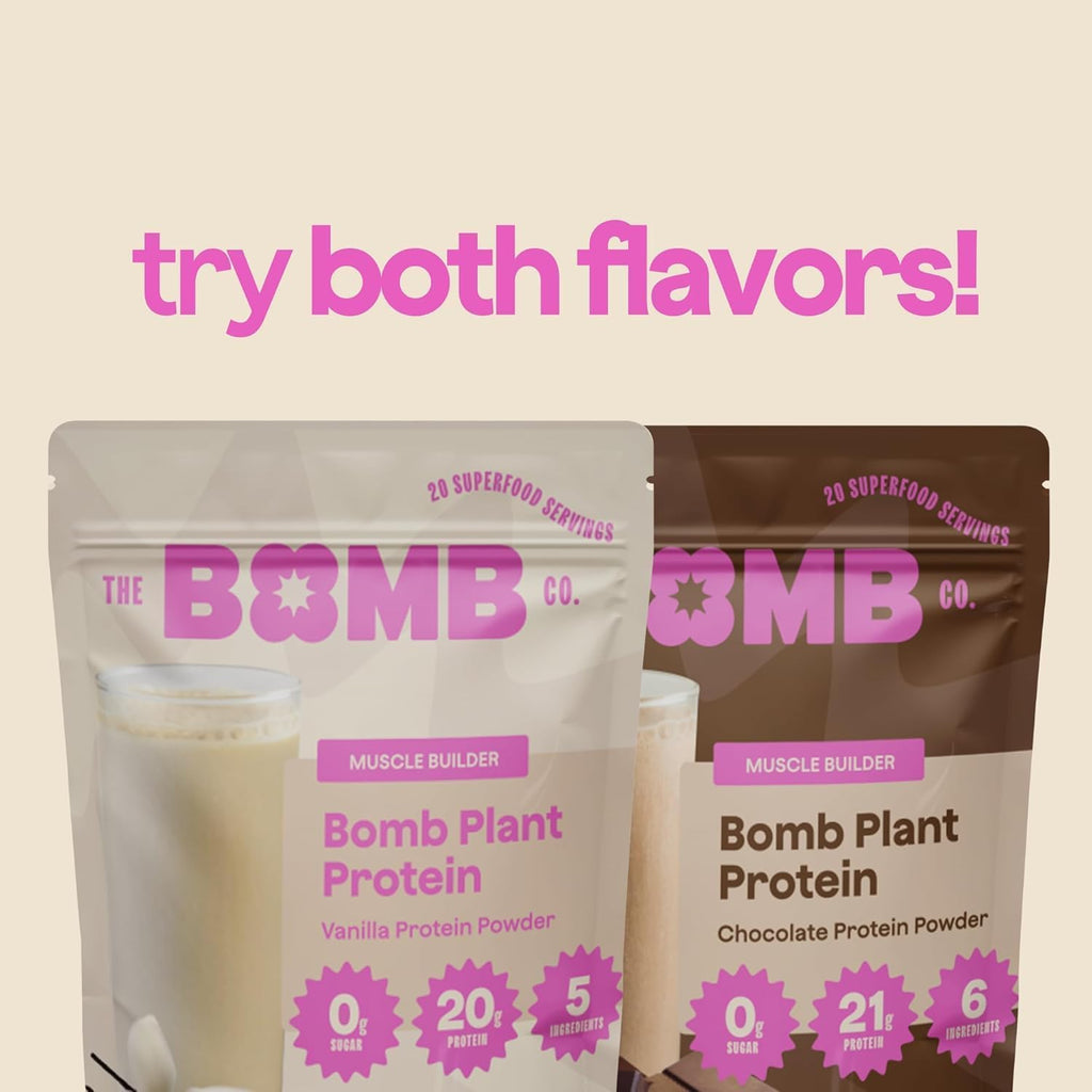 The Bomb Co. Bomb Plant Protein, Protein Powder with 21g Protein, Amino Acids, Zero Sugar, Pea Protein, Cocoa, Chia Seeds, Pumpkin Seeds, Vanilla & Monk Fruit, Gluten Free, Chocolate Flavor, 20 Srvgs