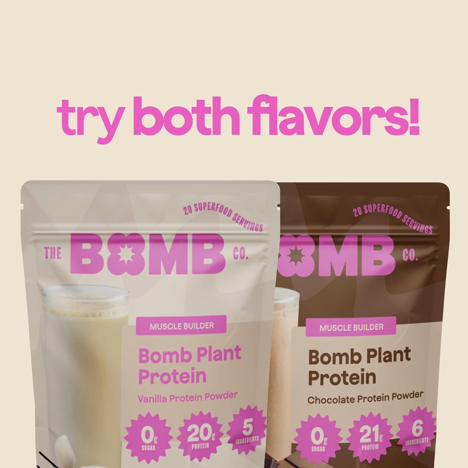 The Bomb Co. Bomb Plant Protein, Protein Powder with 21g Protein, Amino Acids, Zero Sugar, Pea Protein, Cocoa, Chia Seeds, Pumpkin Seeds, Vanilla & Monk Fruit, Gluten Free, Chocolate Flavor, 20 Srvgs