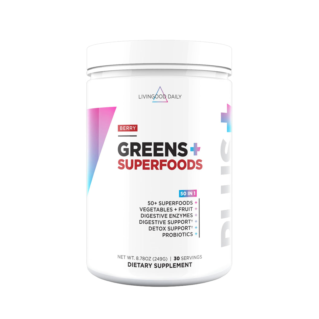 Livingood Daily Mixed Greens Powder, Berry, 30 Servings 8.78 Oz - 50in1 Green Juice Powder with Spirulina, Chlorella, Digestive Enzymes, Probiotics for Digestive Support, Gut Health - Made in USA