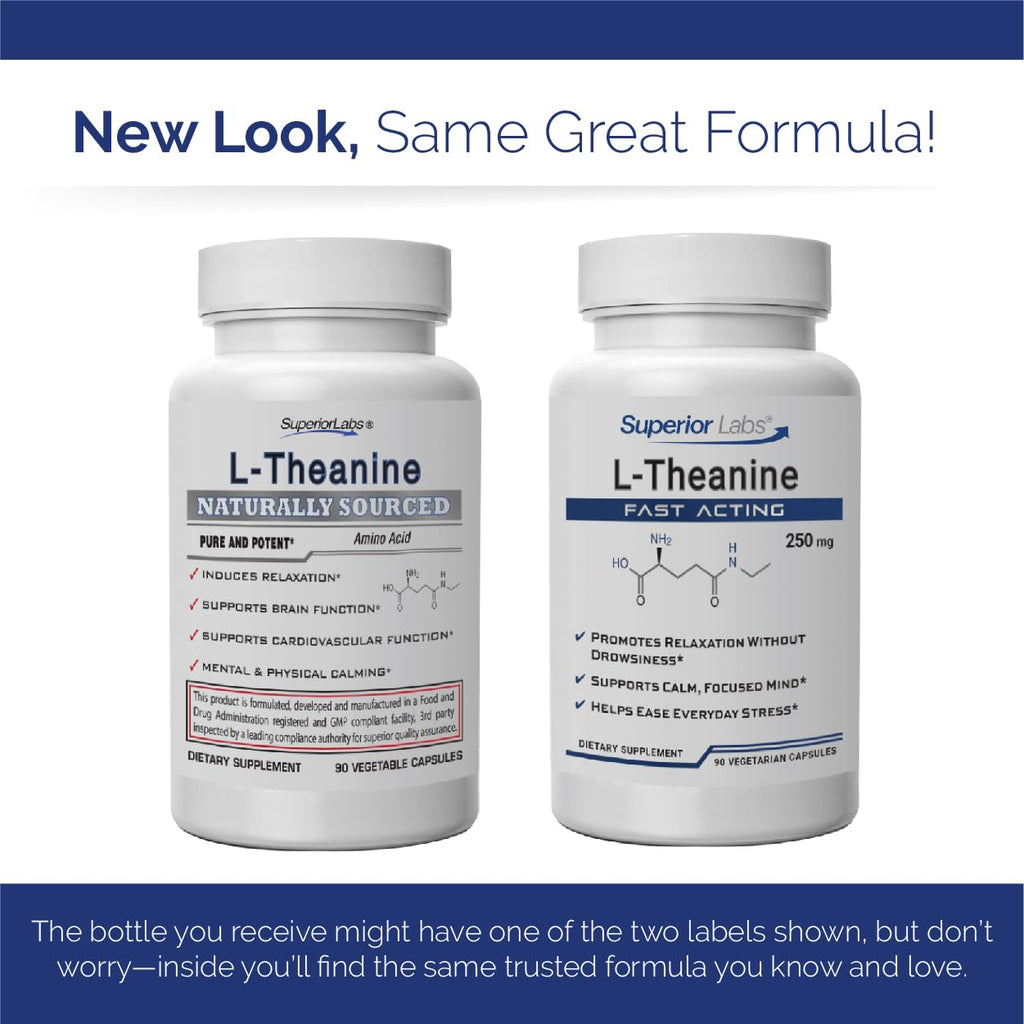 Superior Labs L-Theanine 250 mg Capsules, Non-GMO, Promotes Non Drowsy Relaxation & Helps Ease Everyday Stress, Supports Healthy Sleep, Promotes a Focused Mind, High Absorption, 90 Veg Caps