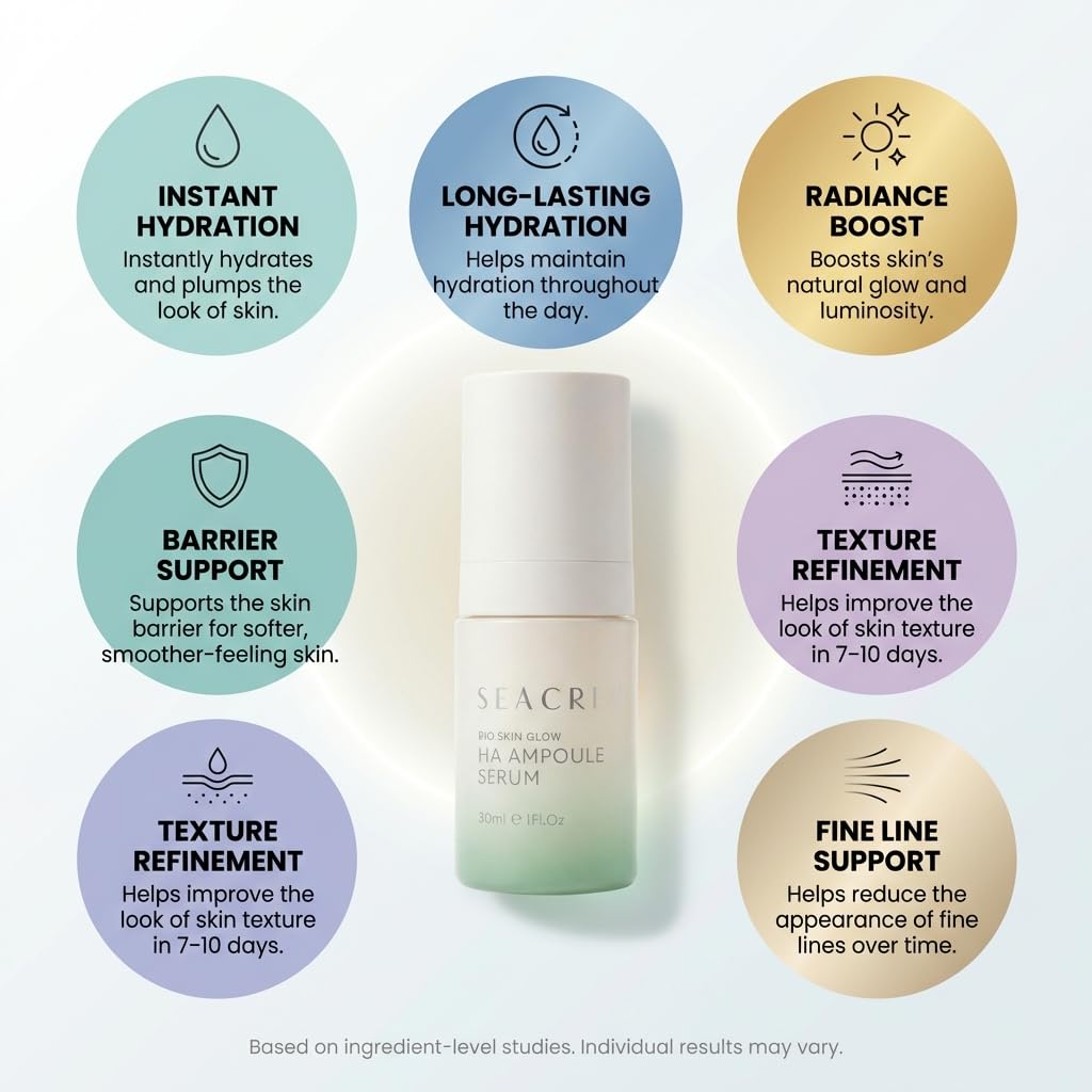 SEACRET Bio Skin Glow 4D Hyaluronic Acid Serum for Face - Glass Skin Hydrating Ampoule with Peptides & Fermented Dead Sea Minerals, Non-Sticky, Fast-Absorbing, 1 Fl Oz / 30 ml