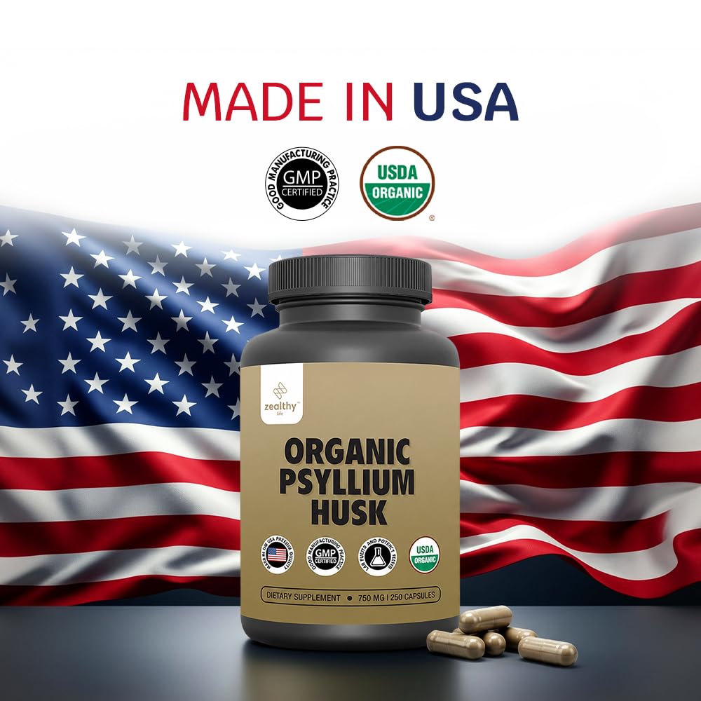 Organic Psyllium Husk Capsules 750 mg, Natural Fiber Supplement for Gut Health* - Alternative to Psyllium Husk Powder, Zealthy Life, 250 Capsules