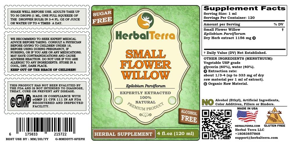 Small Flower Willow (Epilobium parviflorum) Glycerite, Dried Herb Alcohol-Free Liquid Extract (Brand Name: HerbalTerra, Proudly Made in USA) 4 fl.oz (120 ml)