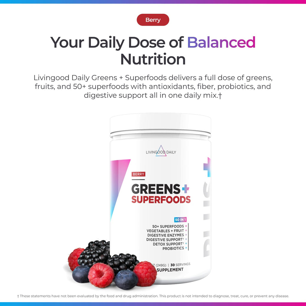 Livingood Daily Mixed Greens Powder, Berry, 30 Servings 8.78 Oz - 50in1 Green Juice Powder with Spirulina, Chlorella, Digestive Enzymes, Probiotics for Digestive Support, Gut Health - Made in USA