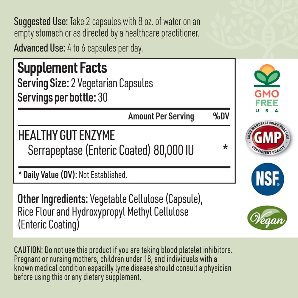 Serrapeptase Pure Digestive Proteolytic Enzymes Enteric Coated Premium Healthy Gut Protection and Vegan Liver Support Supplement for Sinus, Respiratory and Gut Health NonGMO (60 Caps)