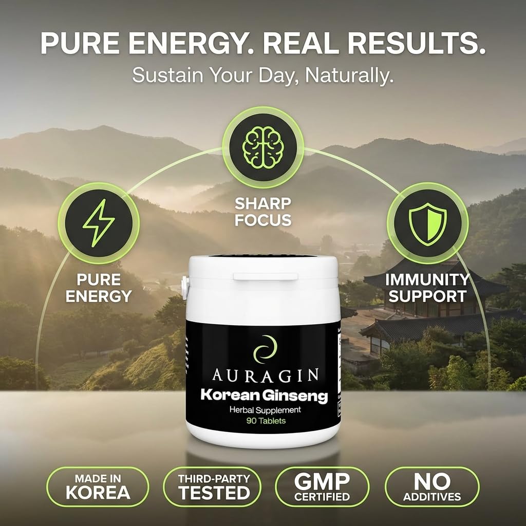 Auragin® Authentic Korean Red Ginseng – Made in Korea – 6 Year Roots – No Additives or Other Ingredients – 100% Red Panax Ginseng in Every Tablet